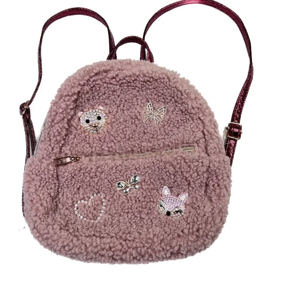 Place Jeweled Rhinestone Bling Critter Sherpa Mini Backpack in Pressed Rose NWT
